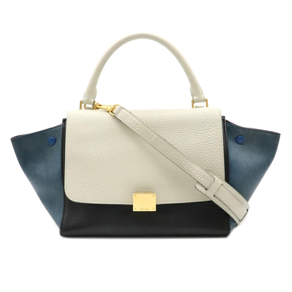 Celine Trapeze 2way Shoulder Bag Hobo Leather Black Blue Off White